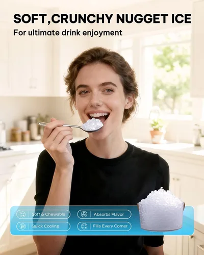 Miniatura 6 de Silonn Nugget - Máquina de hielo para encimera, máquina de hielo de guijarros con hielo masticable suave triturado, 33 libras por día con cuchara