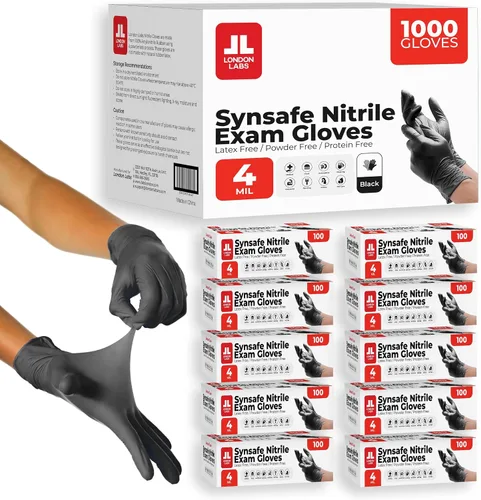 London Labs Synsafe 4 Mil - Guantes de nitrilo negros para examen – Desechables, sin látex ni polvo – Guantes de goma extra fuertes – Kit de