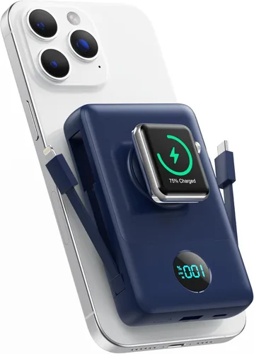 Miniatura 44 de Cargador portátil magnético de 10800 mAh para iPhone con cables integrados, cargador de batería inalámbrico 6 en 1 con cargador iWatch, pantalla LCD
