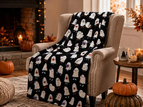 Miniatura 17 de Manta de forro polar de Halloween: telaraña, sombrero de bruja, murciélagos negros, calabazas naranjas, franela suave y cálida para cama, sofá