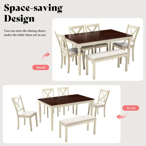 Miniatura 6 de AMERLIFE Juego de mesa de comedor de 6 piezas estilo granja, mesa de madera maciza de 152 cm con 4 sillas tapizadas y banco, asientos cómodos