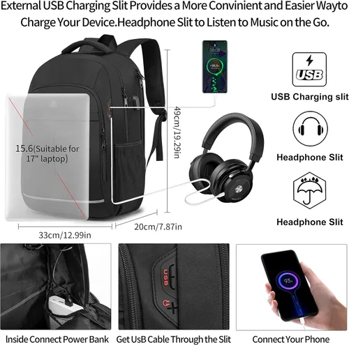 Miniatura 4 de Mochila para laptop, mochila de transporte, duradera y amigable con la TSA para viajes de negocios de 17.3 pulgadas con puerto USB, mochila escolar