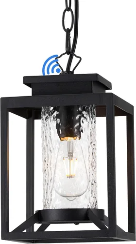Miniatura 10 de Lámpara colgante exterior para porche, luz colgante negra de 1 luz, lámpara colgante exterior moderna con vidrio cilíndrico y cadena ajustable