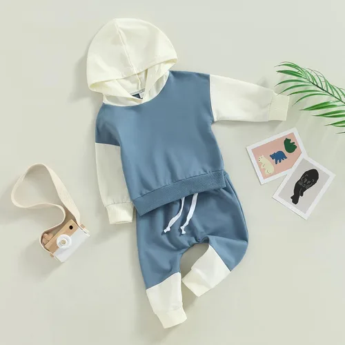 Miniatura 10 de Ropa de bebé niño 3 6 9 12 18 24M 3T Conjunto de pantalones con capucha patchwork sudadera con capucha pantalones de rayas traje de otoño invierno