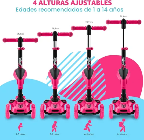Miniatura 5 de Hurtle Patinete de 3 ruedas para niños, luces LED de ruedas, manubrio ajustable de inclinación para dirigir y asiento plegable, paseo sentado