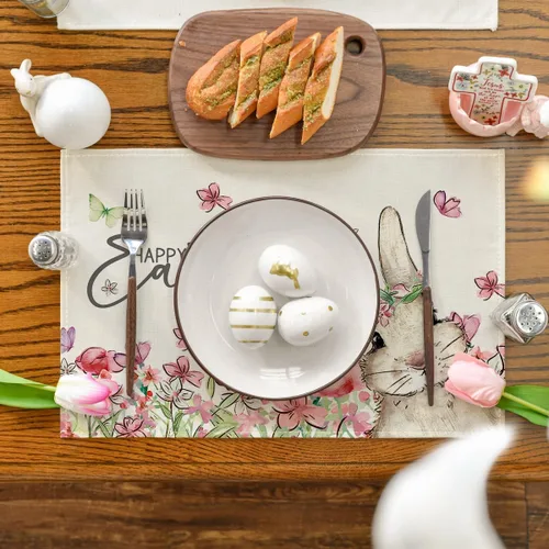 Miniatura 2 de Artoid Mode Juego de 4 manteles individuales de Pascua con diseño de conejo, diseño floral, 12 x 18 pulgadas, para decoración de fiestas, cocina