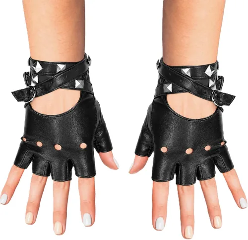 Skeleteen Guantes de piel sintética sin dedos, guantes punk negros con cierre de cinturón y diseño de remaches para adolescentes y niños