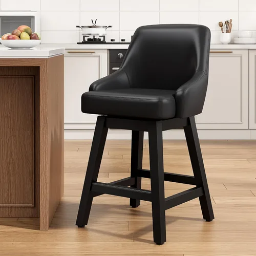 REONEY Taburete de bar giratorio, taburetes de bar tapizados de 24 pulgadas con respaldo y patas de madera maciza, moderna silla de isla de piel