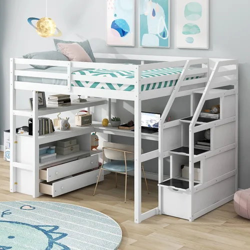 Quarte Cama alta multifuncional, cama alta tamaño matrimonial con escritorio integrado y estantes de almacenamiento, dos cajones y escalera de