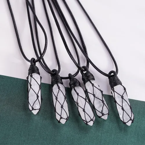 Miniatura 3 de Black Obsidian Healing Crystal Points Necklace Adjustable Rope Hexagonal Wrapped Braided Stone Pendant Necklace Handmade Gemstone Jewelry for Men