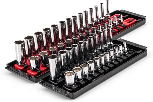 TEKTON Juego de llaves de vaso de 12 puntos poco profundas y profundas de 1/4 pulgadas con rieles y bandejas, 50 piezas (5/32-9/16 pulgadas,