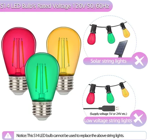 Miniatura 5 de Leadleds Paquete de 15 bombillas LED S14 de colores para tiras de luces de exteriores, bombillas de repuesto inastillables de 2 W para luces