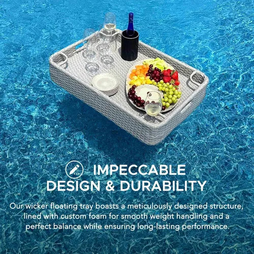 Miniatura 5 de SUNJOY Bandeja flotante de mimbre de 36 x 24 pulgadas. Accesorio de piscina con marco de aluminio, bandeja flotante para servir bebidas, aperitivos