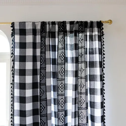 Miniatura 110 de Deeprove Cortinas bohemias para dormitorio, rayas huecas de ganchillo crema y estampado floral, tela de lino de algodón, con borlas beige bohemias