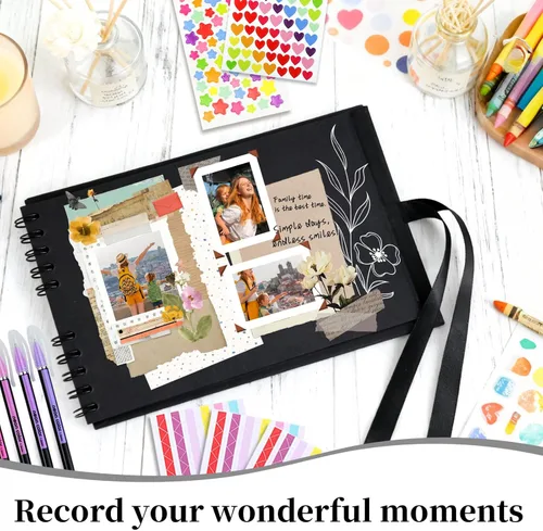 Miniatura 6 de Vienrose Álbum de recortes de 80 páginas, álbum de fotos de bricolaje con accesorios, libro de recuerdos de papel kraft negro para bodas
