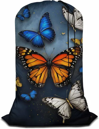 Swono Bolsa de lavandería extragrande con cierre de cordón de 28 x 40 pulgadas, mariposa 3D voladora con brillo para residentes universitarios,