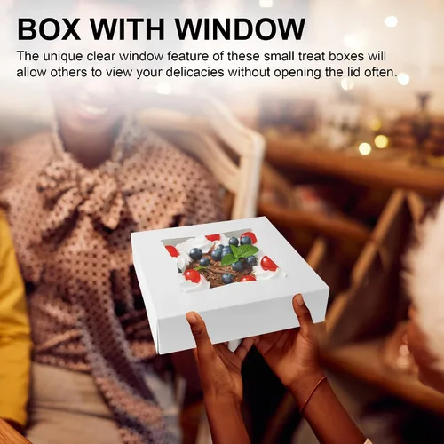 Miniatura 6 de MT Products Cajas blancas para pasteles de panadería de 9 x 9 x 2.5 pulgadas, cajas de panadería con ventana emergentes automáticas (paquete de 15)