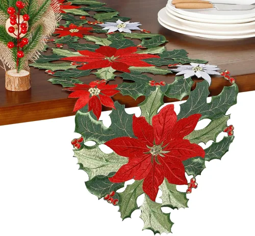 Miniatura 13 de GRANDDECO Camino de Mesa Navideño para Fiestas Campestres Bufandas de Tocador Bordadas con Flores de Nochebuena Navideñas Xmas para Casa Cocina Mesa