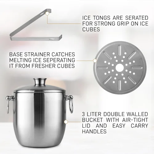 Miniatura 3 de Zulay Kitchen Kit de cubo de hielo con aislamiento de doble pared de acero inoxidable de alta calidad, 3L, a prueba de fugas, elegante enfriador