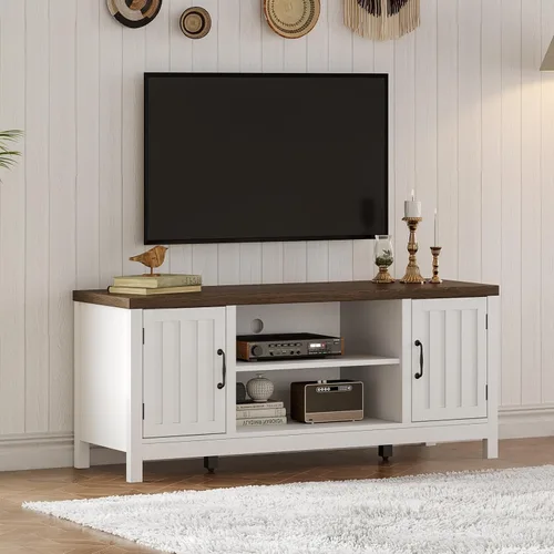 ChooChoo Soporte de TV estilo granja, centro de entretenimiento de madera con puerta acanalada con gabinetes de almacenamiento y estantes abiertos,