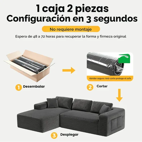 Miniatura 3 de CAMMOO Sofá modular Cloud de 108 pulgadas en una caja, sofá modular comprimido con asiento profundo, sofás de pana sin hueso, sofá en forma de L Gris