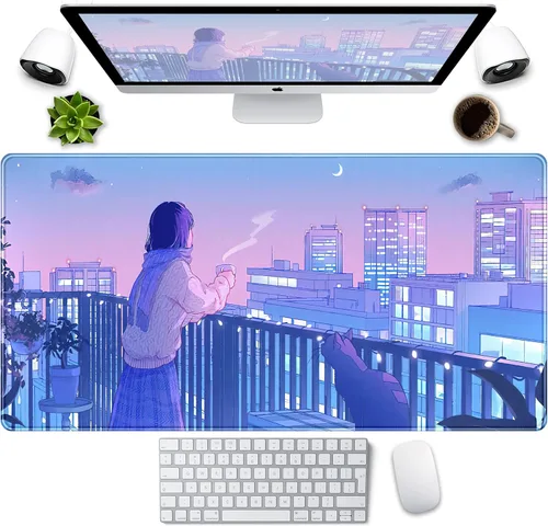 Miniatura 24 de Alfombrilla de escritorio Anime Kawaii Mousepad Linda Japonesa Alfombrilla de mouse grande para juegos XXL, Alfombrilla de teclado de laptop Azul