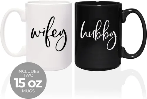 Miniatura 2 de Canopy Street Wifey And Hubby - Juego de tazas a juego con dos tazas de cerámica grandes de 15 onzas de color blanco y negro, divertido juego