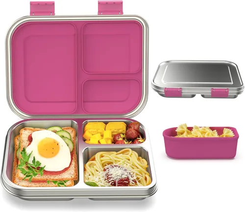 Miniatura 9 de BABHAMNESS Lonchera Bento de acero inoxidable para niños, 3 compartimentos a prueba de fugas, lonchera Bento de metal, contenedores de almuerzo Verde