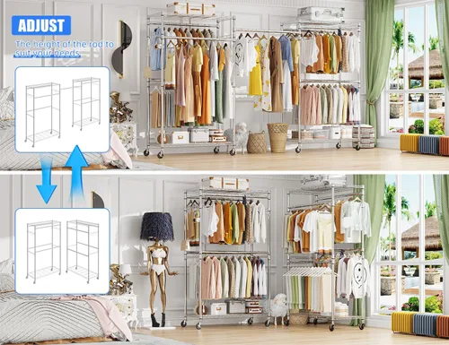 Miniatura 3 de Simple Trending Perchero para ropa resistente con ruedas y 4 varillas colgantes, estantes ajustables para prendas rodantes, capacidad de carga 254