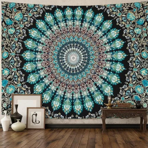 Miniatura 22 de Accnicc Tapiz bohemio con mandala floral para dormitorio, tapiz de pared con flores bohemias, pequeño, acuarela, azul, blanco, hippie, indio