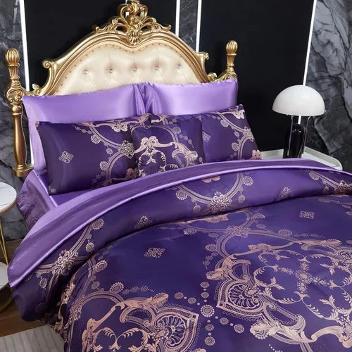Miniatura 4 de Juego de edredón morado tamaño Queen, juego de sábanas de satén jacquard de 8 piezas bordado neoclásico floral elegante cama decoración del hogar