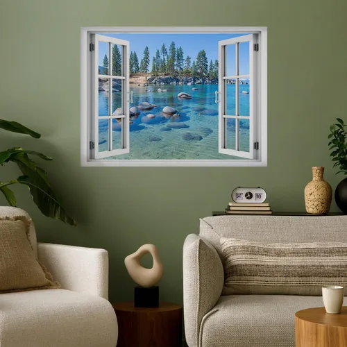 wall26 Adhesivo mural removible para pared, vista de ventana, vibrante temporada de verano, bosque, lago vibrante, naturaleza, desierto, fotografía,