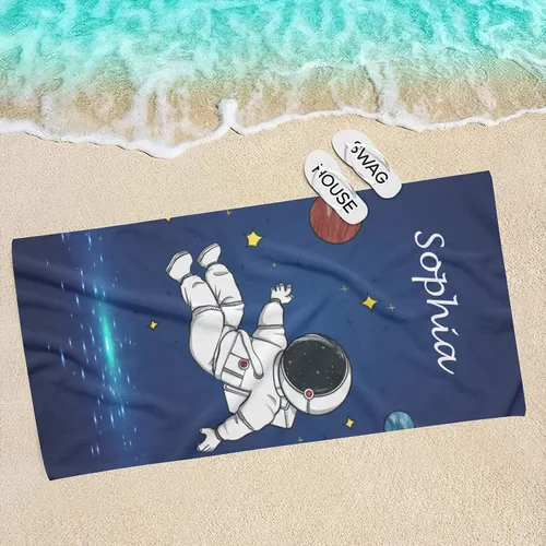 Miniatura 4 de Toalla de playa de astronauta de luz azul personalizada con nombre, toallas de baño a prueba de arena para natación y deporte, 30 x 60 pulgadas