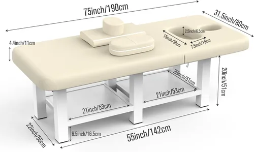 Miniatura 2 de pouseayar Mesa de masaje estacionaria ancha gris beige con respaldo para mesa de tratamiento, mesa de terapia física, cama facial de spa, marco
