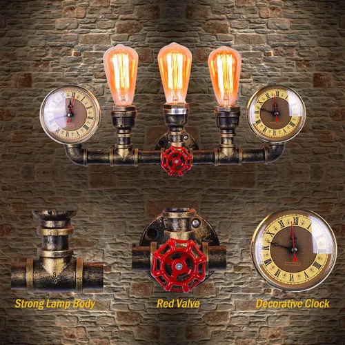 Miniatura 3 de Aplique de pared de tubo de agua de 3 luces, lámpara de pared Steampunk industrial retro en bronce antiguo