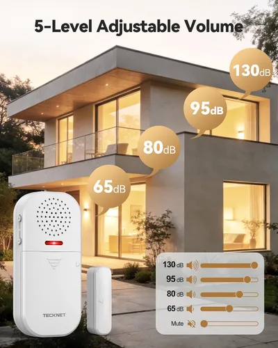 Miniatura 2 de TECKNET Alarma de puerta inalámbrica con control remoto, sensor de puerta de 130 dB con flash LED, 4 modos de alerta y 5 volúmenes ajustables