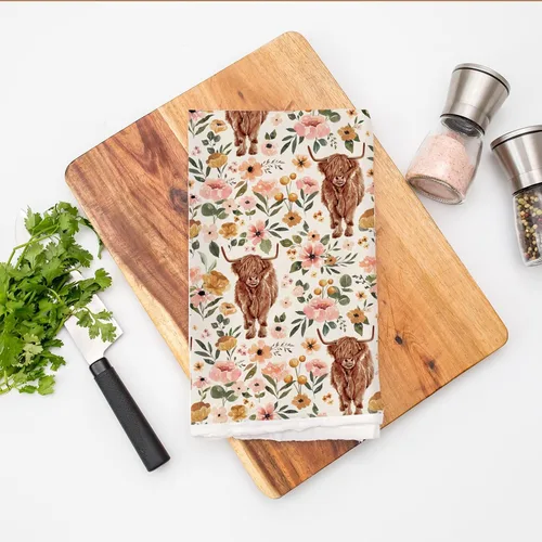 Miniatura 4 de AnyDesign Toalla de cocina de vaca de las tierras altas con diseño bohemio floral de las tierras altas, 18 x 28 pulgadas, paño de cocina de granja