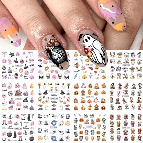 Miniatura 13 de Calcomanías de arte de uñas de Halloween, calcomanías de transferencia de agua, 12 unidades, calabaza, esqueleto, araña, fantasma, hoja de arce