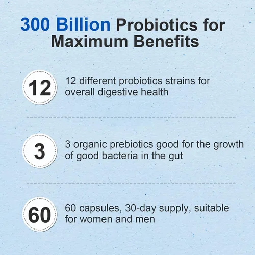 Miniatura 4 de Probiótico 300 mil millones de UFC – 12 cepas con prebióticos orgánicos para la salud digestiva e intestinal, inmune, hinchazón – Probióticos