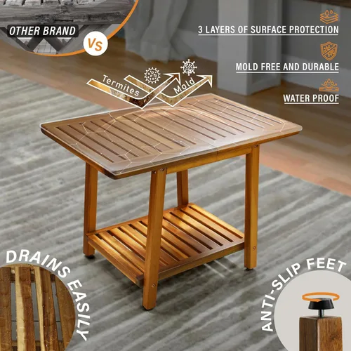 Miniatura 5 de ENKEZI Acacia - Mesa auxiliar para exteriores de 24 pulgadas, patio resistente de 2 niveles, mesa auxiliar resistente a la intemperie, mesa auxiliar