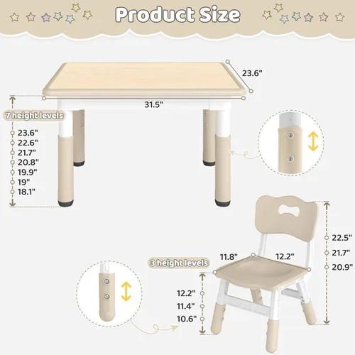 Miniatura 3 de DOREROOM Juego de Mesa y 4 Sillas para Niños de Altura Ajustable, Juego de Mesa y Silla para Niños Pequeños con Superficie de Grafiti, 31.5''L x