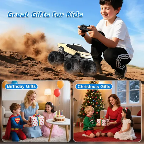 Miniatura 8 de Coche de control remoto para niños, juguetes de camiones monstruo 1:18, autos RC anfibios, camiones RC impermeables de 2.4 GHz, camioneta Oro