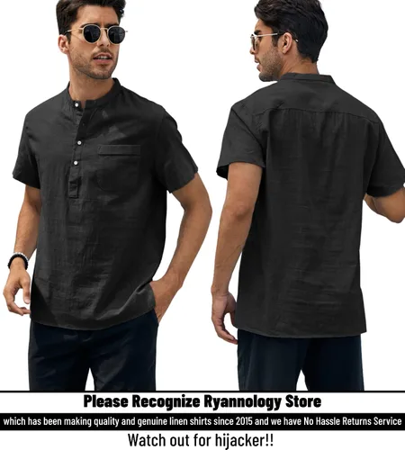 Miniatura 2 de Enjoybuy Men's Linen Henley Shirts Summer Beach Short Sleeve Loose Fit T Shirt Button Up Lightweight Casual Tops