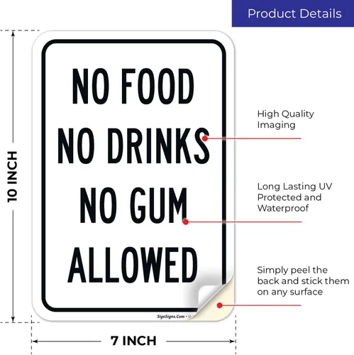 Miniatura 2 de Cartel de "No Food No Drinks No Gum Allowed", 10 x 7 pulgadas, calcomanías de vinilo de 4 mil, resistentes a la intemperie, fabricadas en Estados