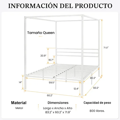 Miniatura 2 de SHA CERLIN Marco de Cama con Dosel de Metal Tamaño Queen/Base de Colchón con Soporte de Listones de Metal/No Necesita Somier/Fácil Montaje/Blanco