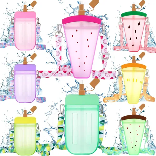 Patelai 8 botellas de agua bonitas con pajita, tazas de helado de sandía kawaii, a prueba de fugas, con correa ajustable para el hombro, para