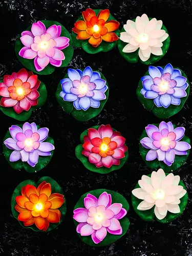 Miniatura 7 de Hortsun 9 luces flotantes de loto con pilas, almohadillas de lirio, flores de piscina, velas flotantes, decoración de plantas de estanque