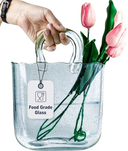 Miniatura 10 de OLEEK Jarrón de Cristal Hecho a Mano en Forma de Bolso para Flores y Bebidas - 10 pulgadas - Lindo Centro de Mesa Rosa y Pecera - Florero Único