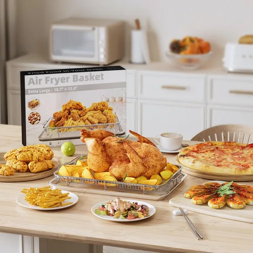 Miniatura 7 de Cesta de Freidora de Aire para Horno, Juego de 2 Bandejas de Freidora de Aire y Bandeja Crujiente con 60 Piezas de Papel Pergamino, Cesta y Bandeja