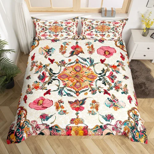 Erosebridal Funda de edredón floral exótica tamaño Queen, juego de ropa de cama bohemio, funda de edredón tribal exótica floral bohemia, flores